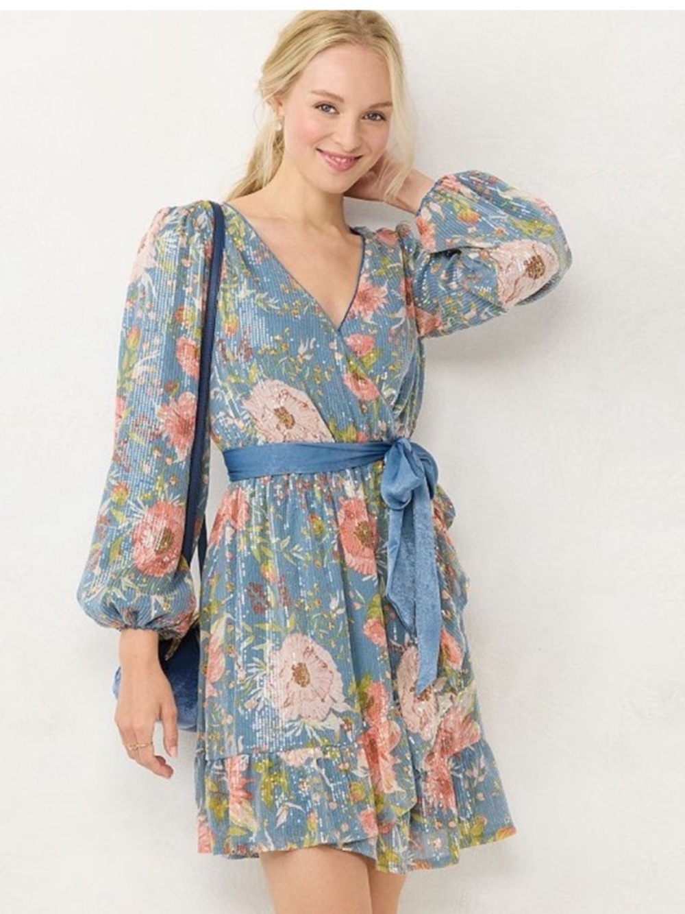 LC Lauren Conrad Blue Pink Floral Sequin Long Sleeve Dress, M, 19” PTP, 35” L